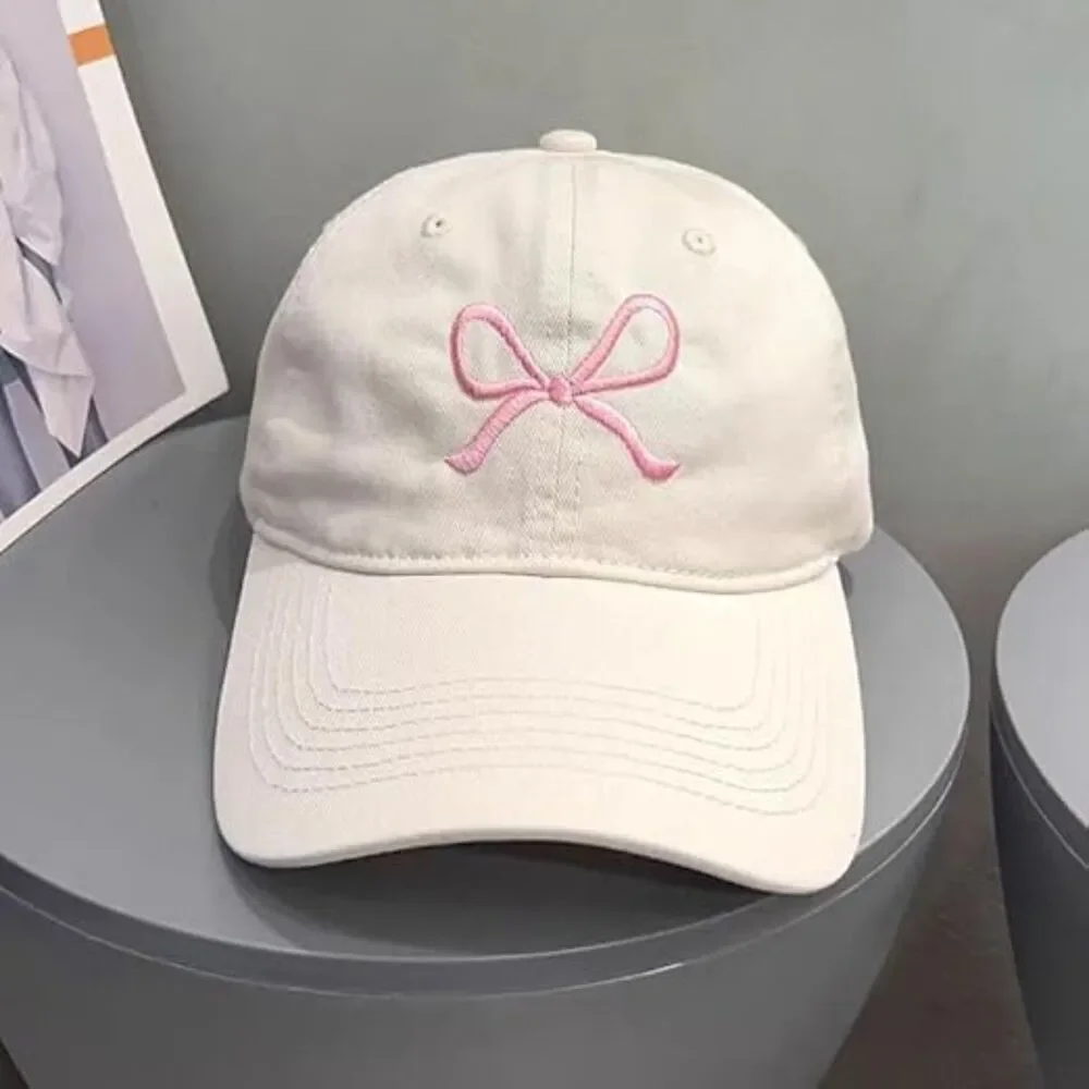 Unisex Beige Pink Embroidered Bow Tie 100% Cotton Adjustable Fit Baseball Caps